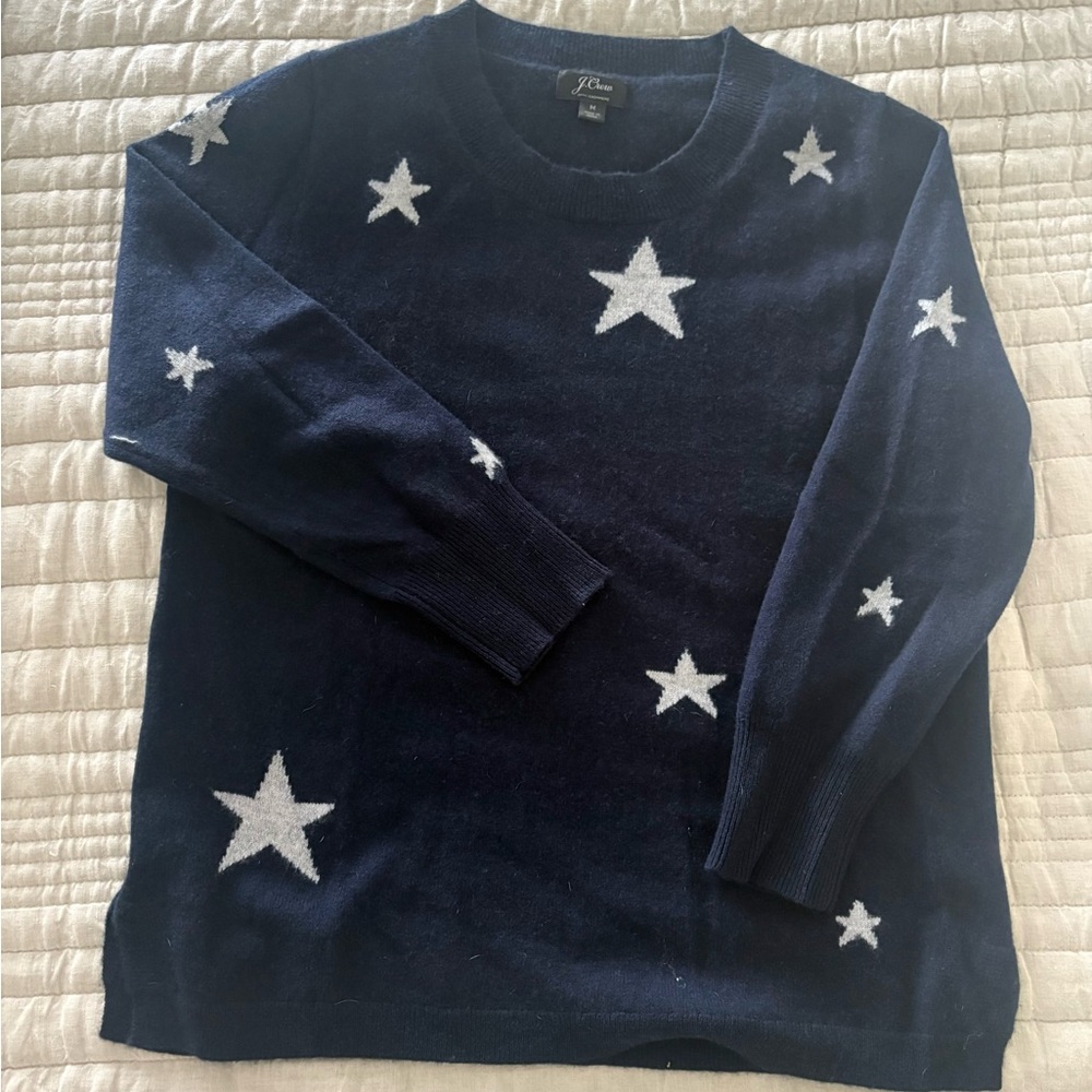 JCrew 100% cashmere navy blue/white stars sweater